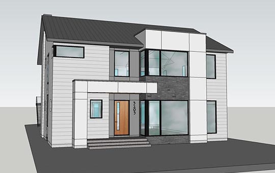 3-D render of custom two-story house with a combination of white siding and stone accents, featuring large windows and a welcoming wooden front door, built by Cortina Crafted Homes